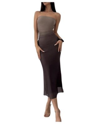 Women's Mesh Strapless Ruched Bodycon Maxi Dress Wedding Guest Prom Cocktail Summer Y2k Long Tube Dresses