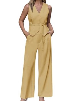 Womens Business Casual 2 Piece Outfits V Neck Sleeveless Tie Waist Blazer Vest Pleated Wide Leg Suits Pants Sets
