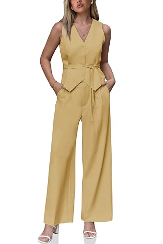 Womens Business Casual 2 Piece Outfits V Neck Sleeveless Tie Waist Blazer Vest Pleated Wide Leg Suits Pants Sets