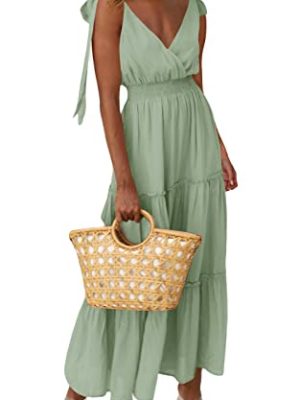 Women's Cross Neck Summer Sleeveless Tiered Maxi Dress Beach Tie Strap Smocked Long Dresses Pleated Sundress