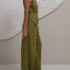 Womens 2 Piece Outfits V Neck Tie Waist Blazer Vest and Wide Leg Business Casual Suit Pants Sets Army Green