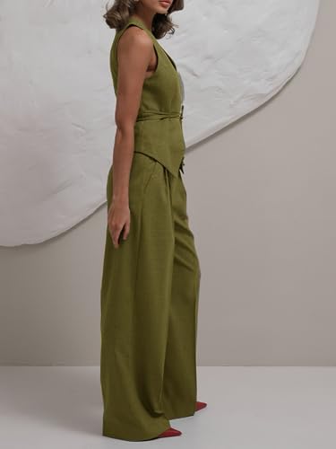 Womens 2 Piece Outfits V Neck Tie Waist Blazer Vest and Wide Leg Business Casual Suit Pants Sets Army Green