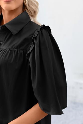 Womens Summer Button Down Shirts Short Ruffle Puff Sleeve Cotton Blouses Dressy Casual Ladies Tops
