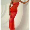 Women's Floral Twist Front Mesh Tube Dress Elegant Strapless Fishtail Maxi Dresses