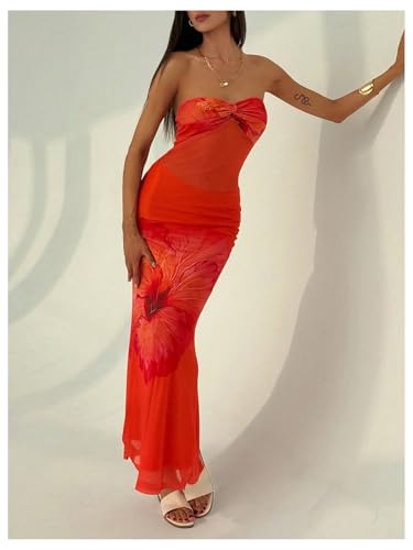 Women's Floral Twist Front Mesh Tube Dress Elegant Strapless Fishtail Maxi Dresses