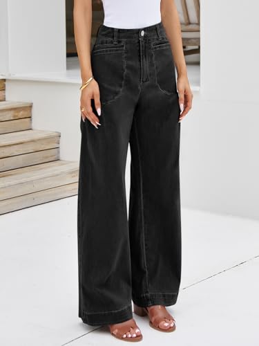 Womens Wide Leg Jeans High Waisted Stretchy Baggy Loose Denim Casual Pants with Pockets
