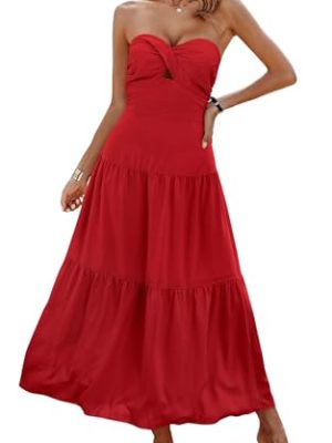 Women's Summer Strapless Maxi Dress 2025 Off Shoulder Hollow Out Smocked A Line Tube Tiered Long Dresses