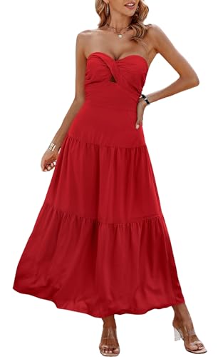 Women's Summer Strapless Maxi Dress 2025 Off Shoulder Hollow Out Smocked A Line Tube Tiered Long Dresses
