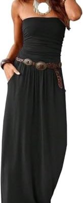 Womens Sexy High Waist A Line Solid Color Pleated Strapless Loose Summer Dress Casual