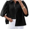 Womens Summer Button Down Shirts Short Ruffle Puff Sleeve Cotton Blouses Dressy Casual Ladies Tops