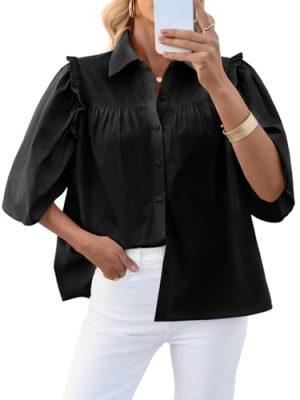 Womens Summer Button Down Shirts Short Ruffle Puff Sleeve Cotton Blouses Dressy Casual Ladies Tops