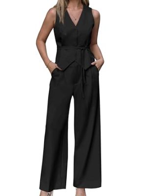 Womens Business Casual 2 Piece Outfits V Neck Sleeveless Tie Waist Blazer Vest Pleated Wide Leg Suits Pants Sets