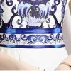 Women’s Blue Floral A-Line Dress Round Neck Sleeveless Chinese Porcelain Print Summer Vest Dresses