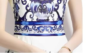 Women’s Blue Floral A-Line Dress Round Neck Sleeveless Chinese Porcelain Print Summer Vest Dresses