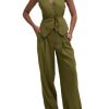 Womens 2 Piece Outfits V Neck Tie Waist Blazer Vest and Wide Leg Business Casual Suit Pants Sets Army Green