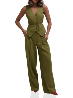 Womens 2 Piece Outfits V Neck Tie Waist Blazer Vest and Wide Leg Business Casual Suit Pants Sets Army Green
