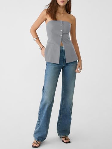 Womens Strapless Blazer Vest Summer Sleeveless Fitted Tube Tops Trendy Button Down Work Suit Tops