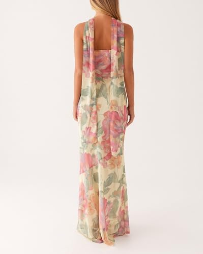 Women Strapless Floral Dress with Sarf Mesh Tube Maxi Dress Summer Cocktail Wedding Guest