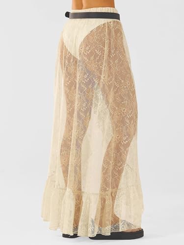 Womens Lace Maxi Skirt Summer High Low Asymmetrical Sheer Y2K Sexy Beach Cover-up Long Skirts