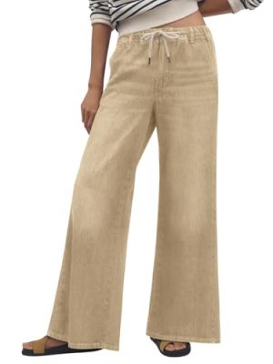 Womens Wide Leg Flare Jeans Casual Drawstring High Waist Vintage Denim Pants with Pockets