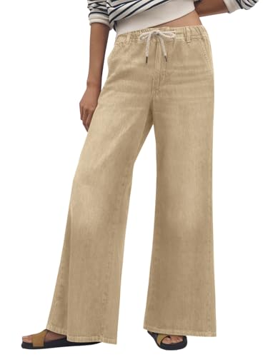 Womens Wide Leg Flare Jeans Casual Drawstring High Waist Vintage Denim Pants with Pockets