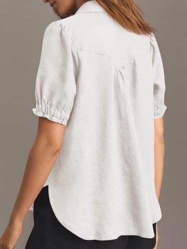 Womens Puff Short Sleeve Button Down Shirts Summer Casual Collared V Neck Blouse Linen Loose Fit Work Tops