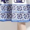 Women’s Blue Floral A-Line Dress Round Neck Sleeveless Chinese Porcelain Print Summer Vest Dresses