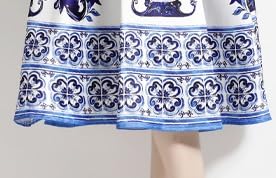 Women’s Blue Floral A-Line Dress Round Neck Sleeveless Chinese Porcelain Print Summer Vest Dresses