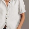 Womens Puff Short Sleeve Button Down Shirts Summer Casual Collared V Neck Blouse Linen Loose Fit Work Tops