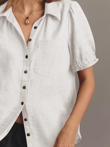 Womens Puff Short Sleeve Button Down Shirts Summer Casual Collared V Neck Blouse Linen Loose Fit Work Tops