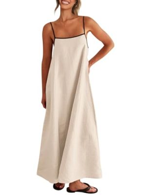 Women's 2025 Summer Linen Maxi Dress Contrast Spaghetti Strap Dress Backless Sleeveless Casual Party Beach Dresses