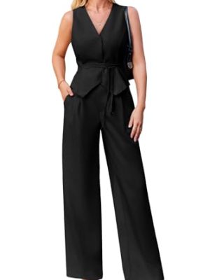 Women's 2 Piece Outfits Sleeveless Tie Waist Suit Vest and Wide Leg Pants Business Casual Blazer Sets