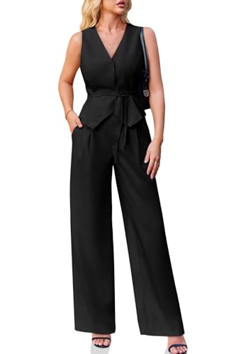 Women's 2 Piece Outfits Sleeveless Tie Waist Suit Vest and Wide Leg Pants Business Casual Blazer Sets