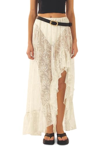 Womens Lace Maxi Skirt Summer High Low Asymmetrical Sheer Y2K Sexy Beach Cover-up Long Skirts