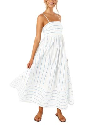 Women's Striped Back Smocked Maxi Dress Sexy Spaghetti Strap Cut Out Flowy Swing Long Dress