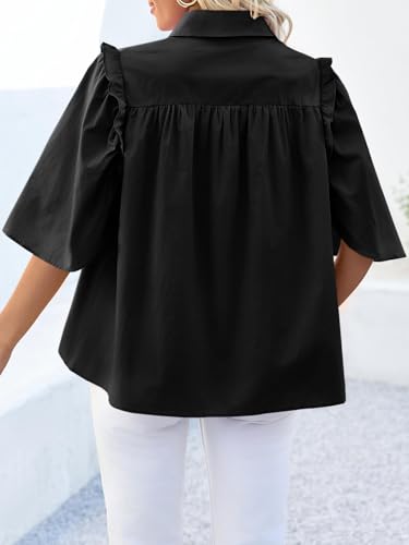 Womens Summer Button Down Shirts Short Ruffle Puff Sleeve Cotton Blouses Dressy Casual Ladies Tops
