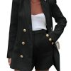 Womens 2 Piece Tweed Blazer Shorts Sets Long Sleeve Double Breasted Suit Jackets Business Outfit Black, X-Large