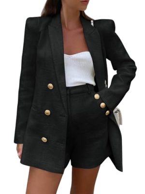 Womens 2 Piece Tweed Blazer Shorts Sets Long Sleeve Double Breasted Suit Jackets Business Outfit Black, X-Large