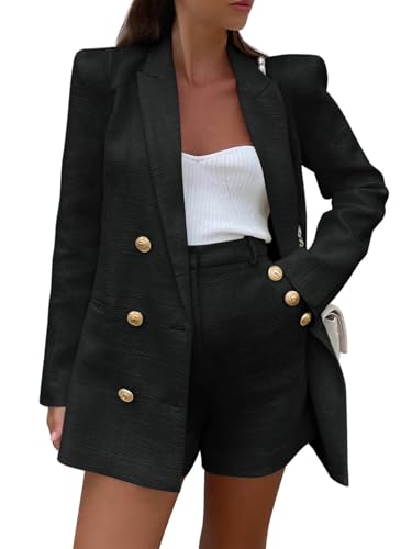 Womens 2 Piece Tweed Blazer Shorts Sets Long Sleeve Double Breasted Suit Jackets Business Outfit Black, X-Large