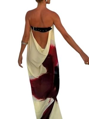 Women's Sexy Strapless Floral Print Maxi Dress Off Shoulder Back Buckle Belt Dresses for Summer Holiday Beachwear