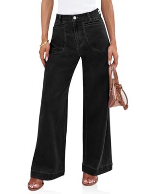 Womens Wide Leg Jeans High Waisted Stretchy Baggy Loose Denim Casual Pants with Pockets