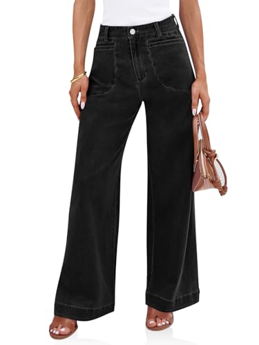 Womens Wide Leg Jeans High Waisted Stretchy Baggy Loose Denim Casual Pants with Pockets
