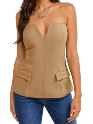Womens Strapless Tube Tops Summer Fitted Notched Neck Blazer Vest Business Dressy Casual Suit Vest Tops