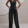 Women's 2 Piece Outfits Sleeveless Tie Waist Suit Vest and Wide Leg Pants Business Casual Blazer Sets