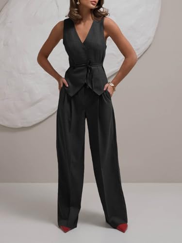 Women's 2 Piece Outfits Sleeveless Tie Waist Suit Vest and Wide Leg Pants Business Casual Blazer Sets