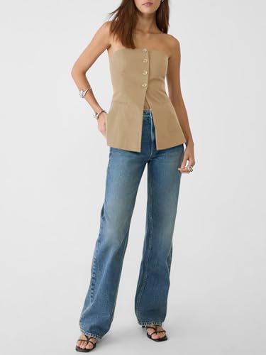 Womens Strapless Blazer Vest Summer Sleeveless Fitted Tube Tops Trendy Button Down Work Suit Tops