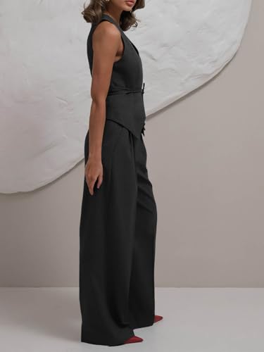 Women's 2 Piece Outfits Sleeveless Tie Waist Suit Vest and Wide Leg Pants Business Casual Blazer Sets