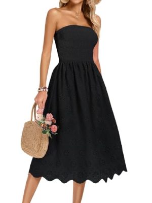 Women's Summer Strapless Dress Off Shoulder Smocked Casual A Line Eyelet Beach Wedding Guest Midi Dress