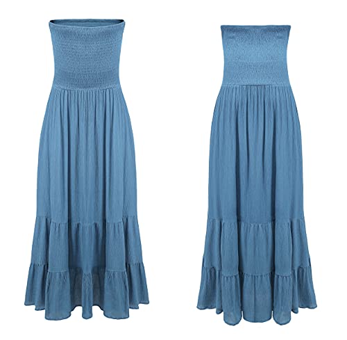 Womens Summer Cotton Strapless Elastic Smocked Boho Beach Casual Flowy Maxi Tube Dresses