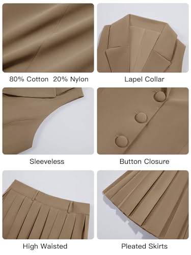 Womens Summer 2 Piece Outfits V Neck Blazer Vest Matching Sets and Mini Pleated Skirts